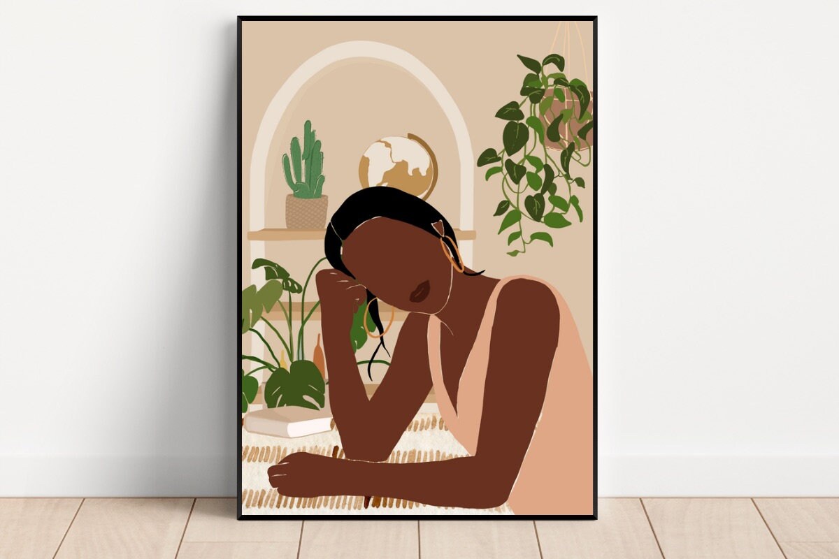 African American Woman Art, Black Woman Art, Plant Wall Art, Black Boho Woman Printable Wall Art, Downloadable Art, Earth Tone Wall Art
