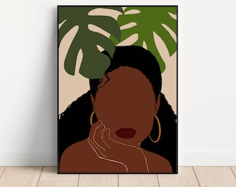 Black Woman Art, Boho Woman Art Print, Plant Poster, Instant Download, Boho Wall Art, Black Girl Art, Tropical Wall Art Print, Plant Art