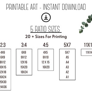 Puede incluir: Descarga de arte imprimible con 5 tama&ntilde;os de relaci&oacute;n diferentes, incluyendo 2:3, 3:4, 4:5, 5x7 y 11x14. La imagen muestra una lista de diferentes tama&ntilde;os en pulgadas y cent&iacute;metros para cada relaci&oacute;n.