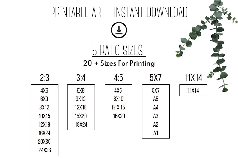 Puede incluir: Descarga de arte imprimible con 5 tama&ntilde;os de relaci&oacute;n diferentes, incluyendo 2:3, 3:4, 4:5, 5x7 y 11x14. La imagen muestra una lista de diferentes tama&ntilde;os en pulgadas y cent&iacute;metros para cada relaci&oacute;n.