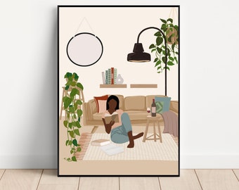Black Woman Art, Book Lover Art Print, Black Art, Boho Wall Art Print, Girl Reading Book Print, Black Woman Illustration, Downloadable Art