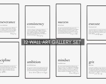 May include: A set of 12 wall art prints with motivational words in black text on a white background. Each print features a different word like "perseverance" and "success" with its definition. The phrase "12 WALL ART GALLERY SET" is also visible.