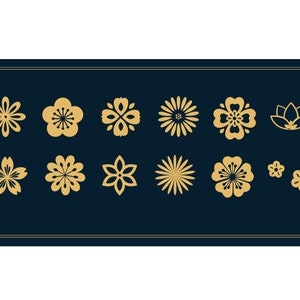 May include: A set of 12 gold flower illustrations on a dark blue background. The flowers are stylized and have a traditional Chinese design.