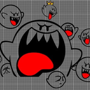 May include: A black and red cartoon ghost with a large open mouth and sharp teeth.  The ghost is surrounded by smaller, white ghosts with red eyes and mouths.