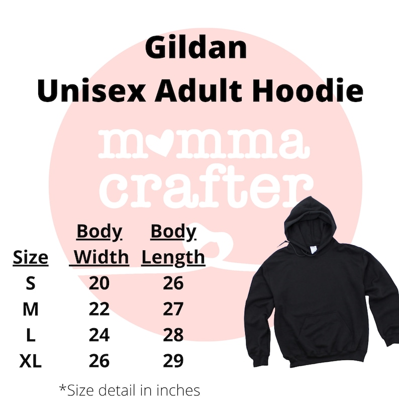 K&ouml;nnte beinhalten: Schwarzer Gildan Unisex-Hoodie f&uuml;r Erwachsene mit einer Gr&ouml;&szlig;entabelle, die die K&ouml;rperbreite und -l&auml;nge in Zoll angibt. Die Tabelle zeigt die Gr&ouml;&szlig;en S, M, L und XL.