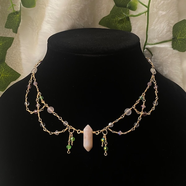 Hand Wrapped Agate Pendant Choker: Crystal and Glass Beads, Fairy Garden Necklace