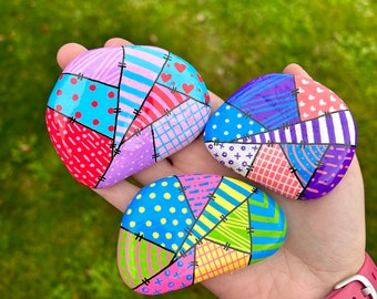 Hand painted quilt rock - colourful patchwork stones for decoration, gift, garden, display