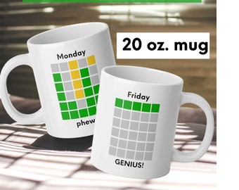 Wordle Mug - Funny Wordle - Monday Phew - Friday Genius - Jumbo Mug, 20oz