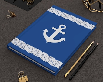 Anchor, Nautical Rope, Nautical Theme, Beach House, Lake House, Mother's Day Gift - Hardcover Journal Matte Blue & White