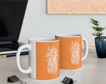 Abacaxi, Tema Náutico, Casa de Praia, Casa do Lago, Caneca de Cerâmica Laranja Pêssego 11 onças - Impresso em ambos os lados