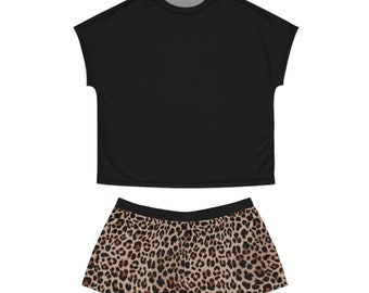 Leopard Print Shorts PJs - Leopard Print Shorts Black Top - Women's Short Pajama Set