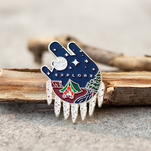 Explore Enamel Pins / Camping Backpacking Hiking Lapel Pin / Moon Stars Wild Adventure Trees Feathers Fire Wilderness Gift Idea