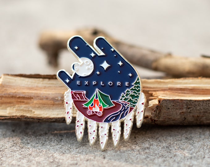 Explore Enamel Pins / Camping Backpacking Hiking Lapel Pin / Moon Stars Wild Adventure Trees Feathers Fire Wilderness Gift Idea