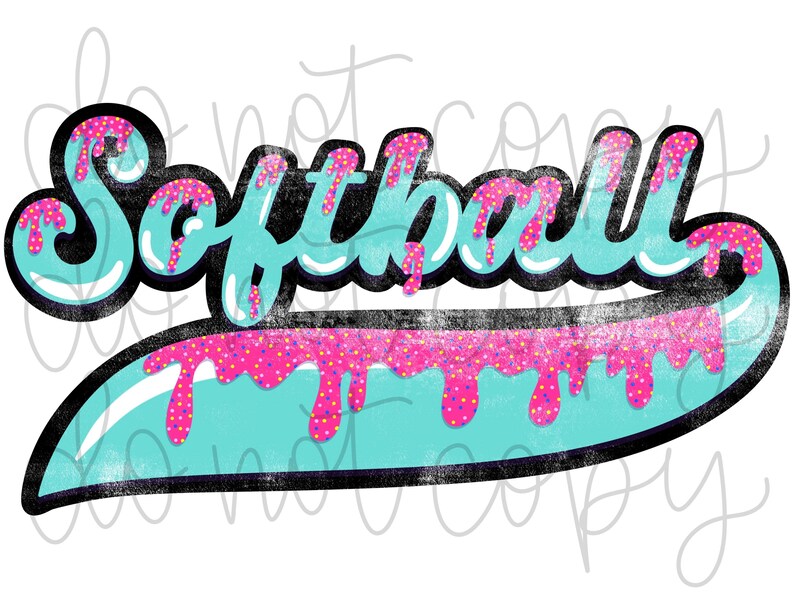 May include: Softball graphic with a blue and pink dripping design. The word "Softball" is in a retro font with a black outline.