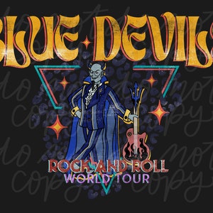 May include: A vintage-style graphic design featuring a blue devil character holding a guitar and a trident. The text "BLUE DEVILS" is in a retro font with a yellow and orange color scheme. The text "ROCK AND ROLL WORLD TOUR" is below the character.