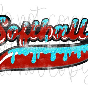 May include: Red and blue distressed graphic with the word "Softball" in a dripping font. The graphic has a vintage look and is perfect for a sports-themed design.