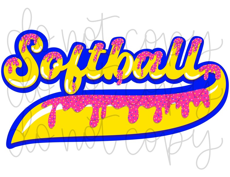 May include: A yellow and blue graphic with the word "Softball" in a dripping pink and white frosting design.