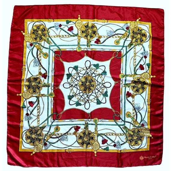Maria Callas Italy Silk Scarf Equestrian Tassels Medallions Red Gold 34" Vtg 90s