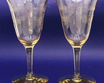 Pair Tiffin Paulina Etched Crystal Water Wine Goblets Mandarin Yellow Rare Stem 14196