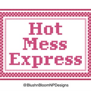 May include: A cross-stitch design with the words "Hot Mess Express" in pink block letters on a white background. The design is framed with a pink border and a checkered pattern. The text "@BlushnBloomNPDesigns" is at the bottom.