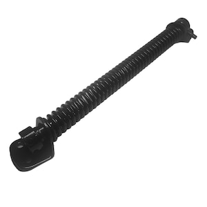May include: Black metal spring door hinge with a rounded end and a flat end with two holes. The hinge is designed to help a door close automatically.