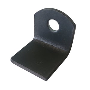 May include: A black metal L-shaped bracket with a round hole in the top. The bracket is designed for mounting and securing objects.