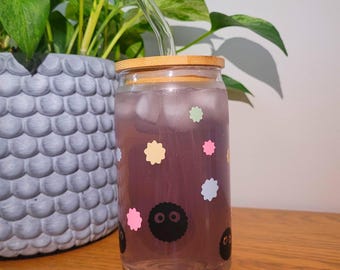 studio ghibli inspired soot sprite glass tumbler - 16 oz glass cup with optional bamboo lid straw
