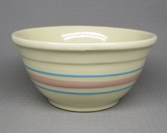 Mccoy pottery mixing bowl with pink and blue bands 8”  Mount Clemens  Oven Proof USA (2317)