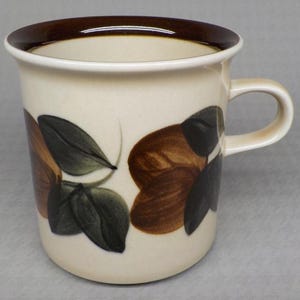 May include: A brown and white ceramic mug with a brown rim and a floral design. The flowers are brown, green, and white.