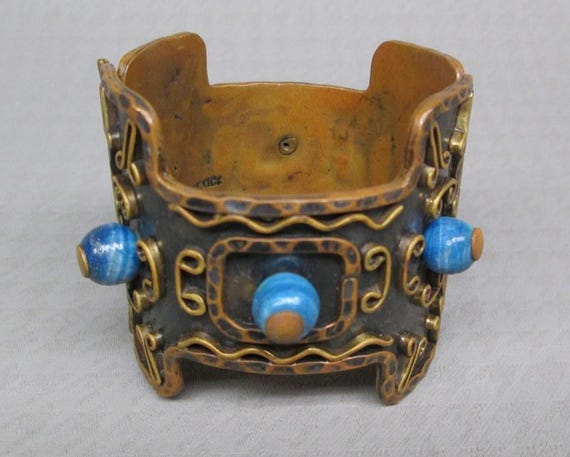 Copper bracelet marked Mexico , blue glass beads , brass , CASA MAYA ? (3711)