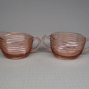 Anchor Hocking Manhattan pink glass creamer and open sugar bowl depression glass deco  (2055)