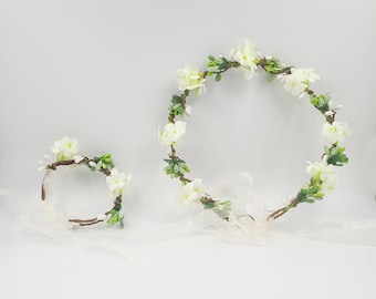 O2 Flower Crown And Wrist Corsage Floral Wedding Headband Wreath Flower Girl Headpiece Bridal Crown Boho Bridal Hair Accessories ANGELA