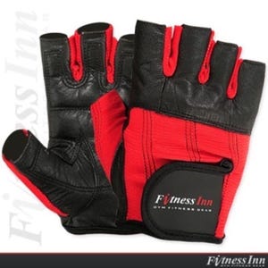 May include: A pair of black and red weightlifting gloves. The gloves have a black leather palm and finger sections, with red fabric on the back of the hand. The brand name "Fitness Inn" is printed on a black patch on the wrist.