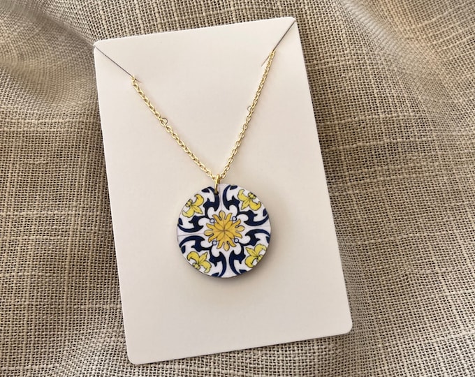 Wooden Tile Necklace | Italian Majolica | Ceramic Inspired Jewelry | Adjustable Chain| Sorrento Amalfi Coast