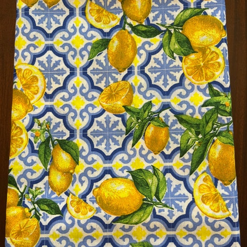 Lemon Tablecloth Lemon on Blue Tiles Linens Made in Italy Etsy