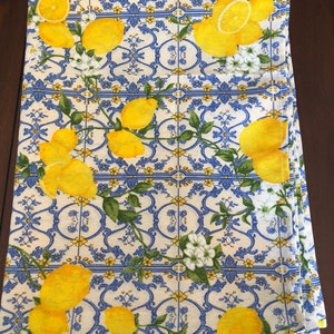 Lemon Tablecloth | Lemon on Blue Tiles | Linens Made in Italy | Lemon Pattern Tablecloth | 100% Cotton | Citrus Table Decor