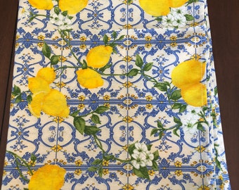 Lemon Tablecloth | Lemon on Blue Tiles | Linens Made in Italy | Lemon Pattern Tablecloth | 100% Cotton | Citrus Table Decor