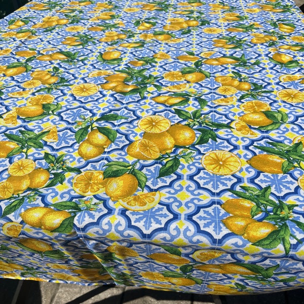 Lemon Tablecloth | Italian Tablecloths | Blue Majolica Tiles Fabric | Large Rectangle Tablecloth | 100% Cotton Fabric | Linens Made in Italy