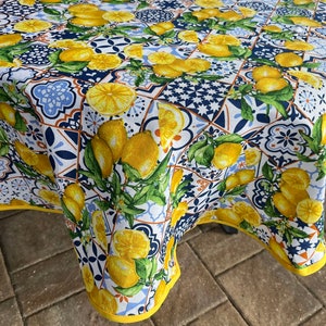 Italian Majolica Tile Round Tablecloth 180 cm Round Made in Italy Lemons Sorrento Amalfi Coast