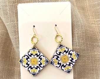Majolica Tile Earrings – Italian Mediterranean Blue Gold Dangle Earrings
