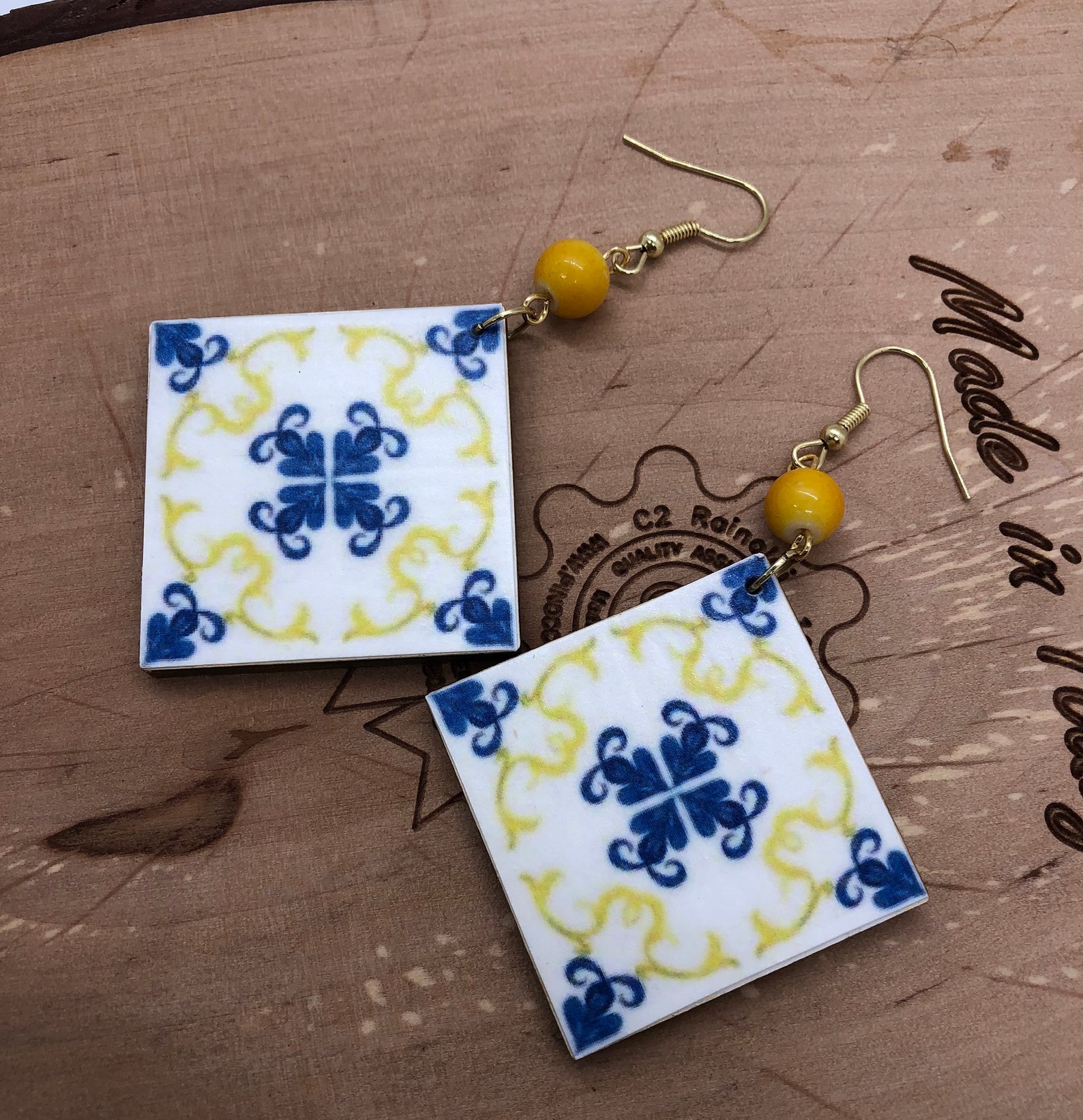 Italian Majolica Tile Wooden Earrings Etsy