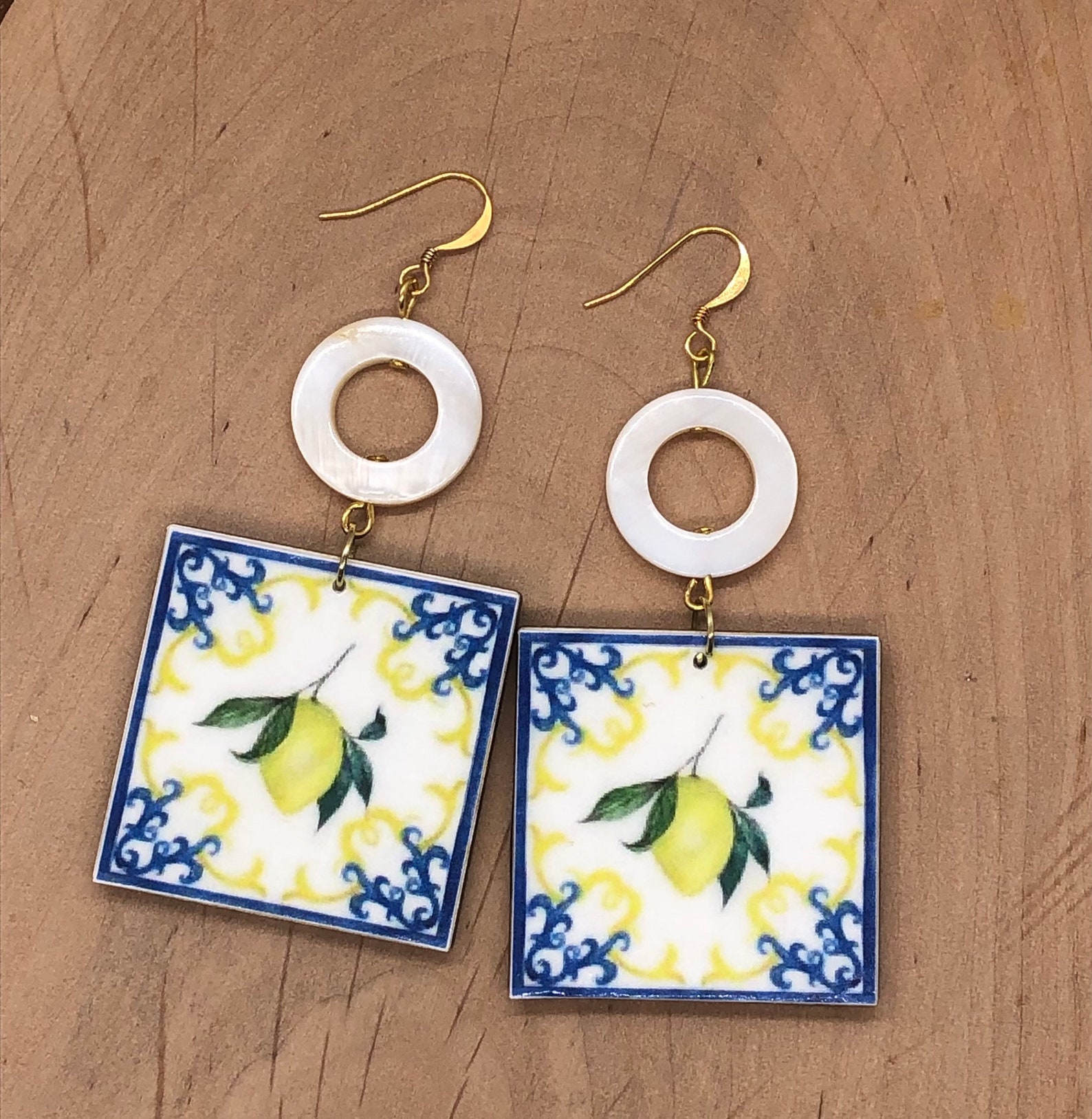 Italian Lemon Tile Wooden Earrings Majolica Ceramic Inspired Etsy