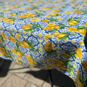 May include: A blue and white tablecloth with a lemon pattern. The tablecloth has a repeating pattern of lemons, leaves, and blue and white tiles.