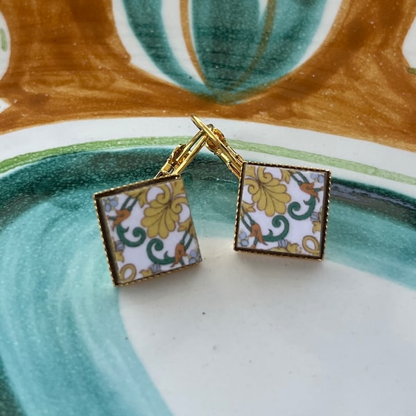 Majolica Tile Drop Earrings | Wooden Earrings Ceramic Inspired | Geometric Earrings | Light Weight Earrings