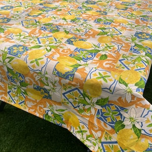 Lemon Tablecloth | Italian Tablecloths | Orange Majolica Tiles Fabric | Large Rectangle Tablecloth | Italian Bridal Shower