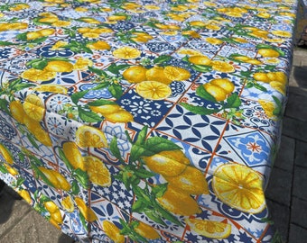 Lemon Tablecloth | Italian Majolica Tile Print, 100% Cotton