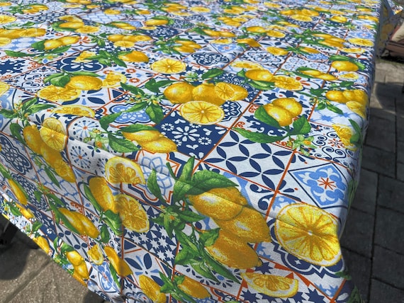 Tischdecke Zitrone | Italienischer Majolika Fliesendruck, 100% Baumwolle