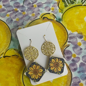 Sunflower Earrings | Ceramic Inspired Earrings | Light Weight Earrings | Italian Inspired Tiles | Italian Jewelry