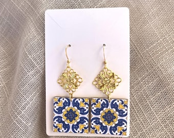 Pendientes de azulejos italianos: pendientes llamativos de oro azul mediterráneo, joyas inspiradas en Amalfi, pendientes colgantes de azulejos de mayólica, regalo para ella