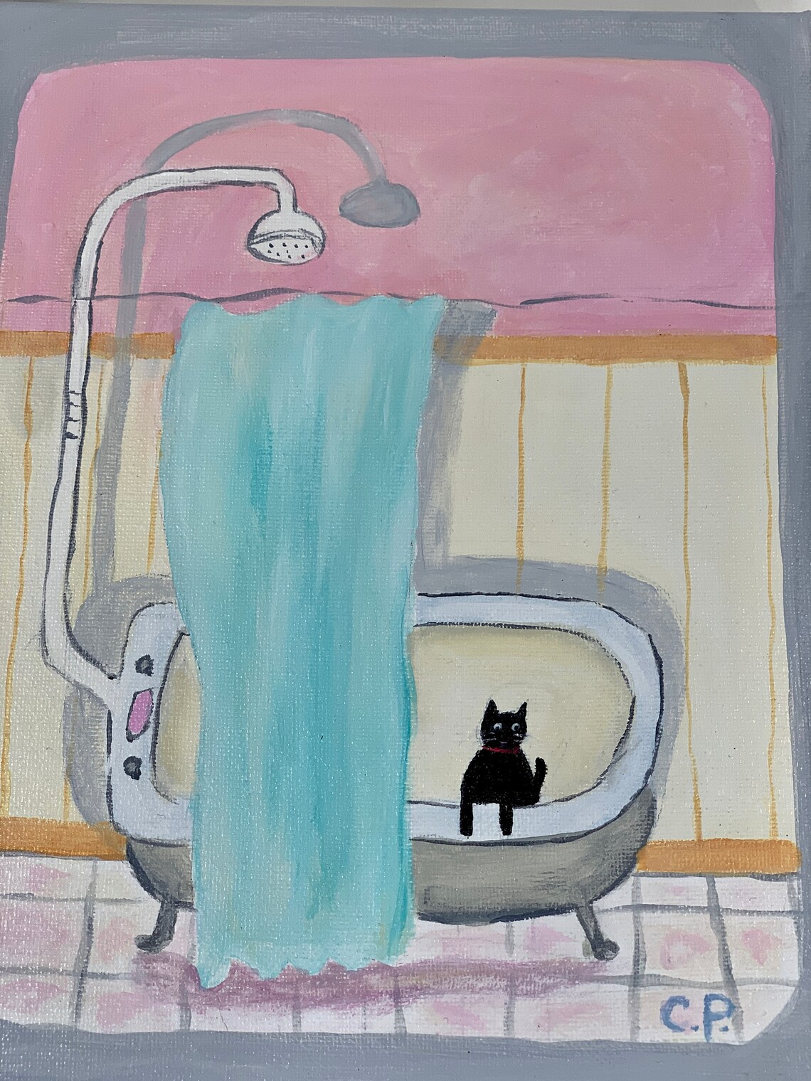 Painting of Cat in Bathtub 8 x 10 / Bathroom Art / Black Cat Etsy